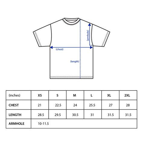 oversized t-shirt size chart.